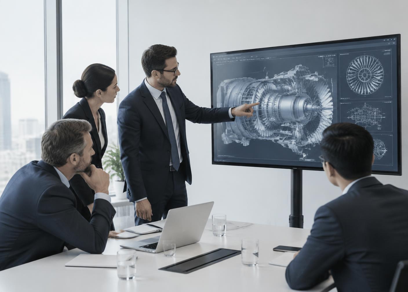 Business and engineering specialists reviewing technical equipment specifications